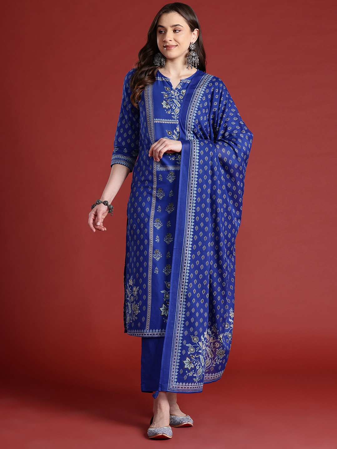 

Anouk Navy Blue Ethnic Motifs Printed Pure Cotton Kurta With Trousers & Dupatta