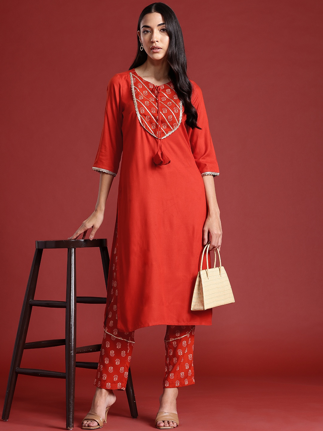 

Anouk Yoke Design Gotta Patti Straight Kurta with Trousers, Rust