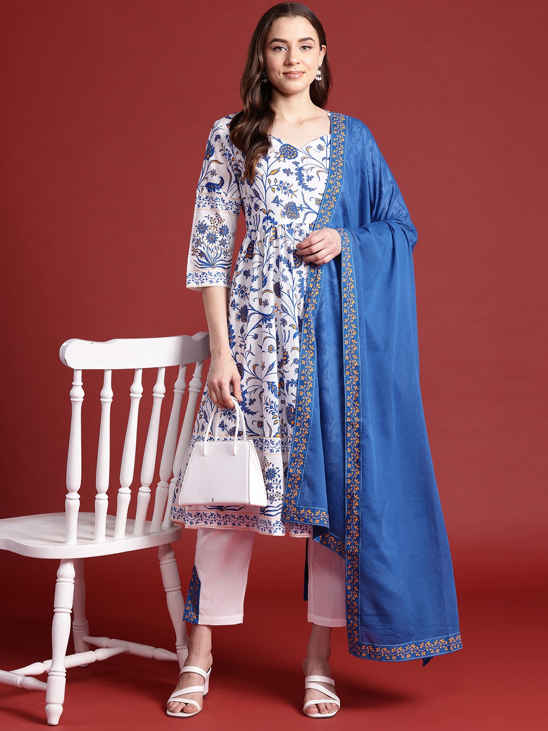 

Anouk Ethnic Motifs Printed Pleated Pure Cotton A-Line Kurta with Palazzos & With Dupatta, White