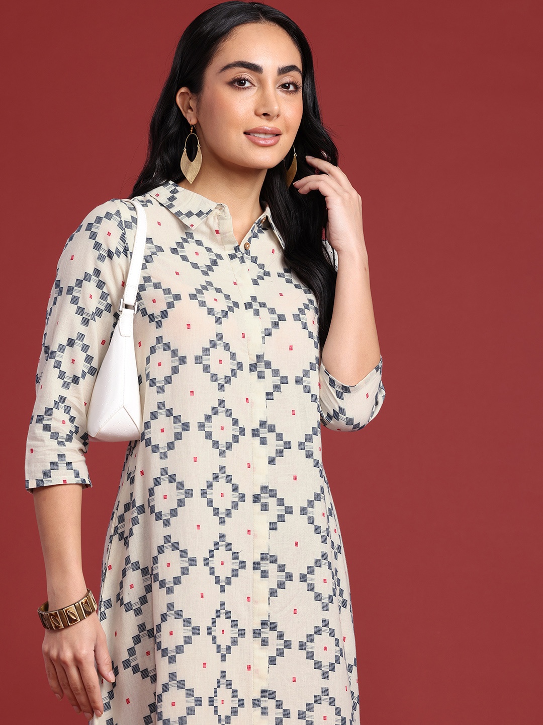 

Anouk Woven Design Pure Cotton Shirt Style Ethnic Dress, White