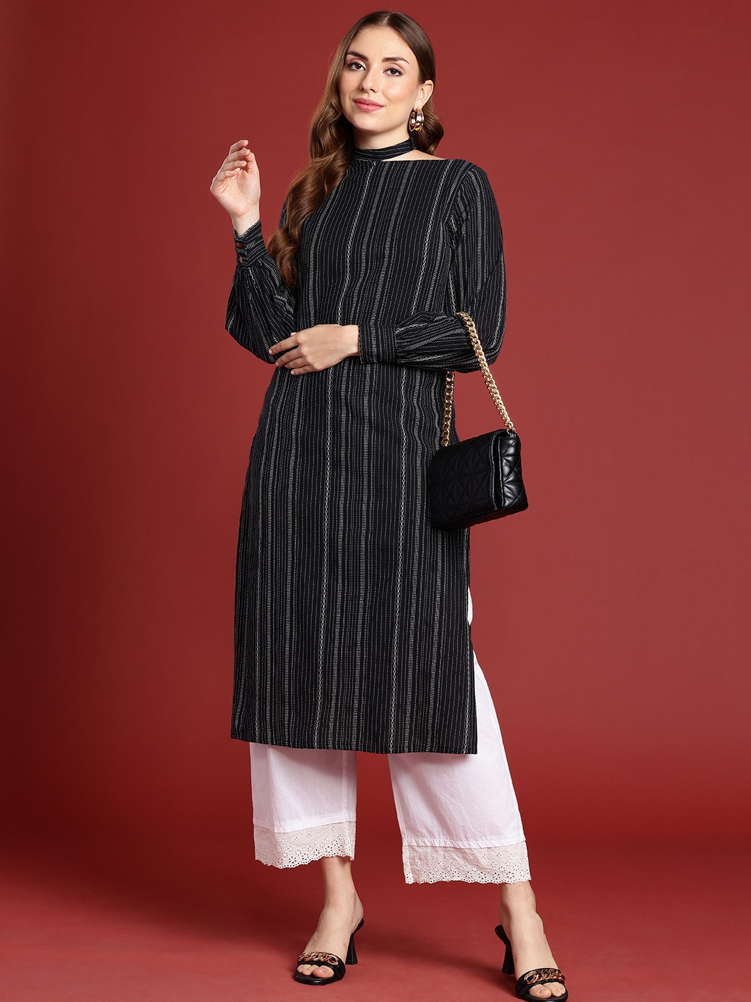 

Anouk Pure Cotton Long Sleeves Woven Design Kurta, Black