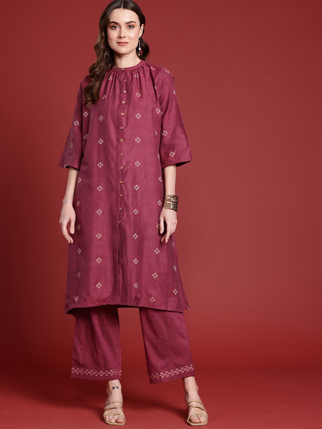 

Anouk Woven Design Regular A-Line Kurta With Palazzos, Pink