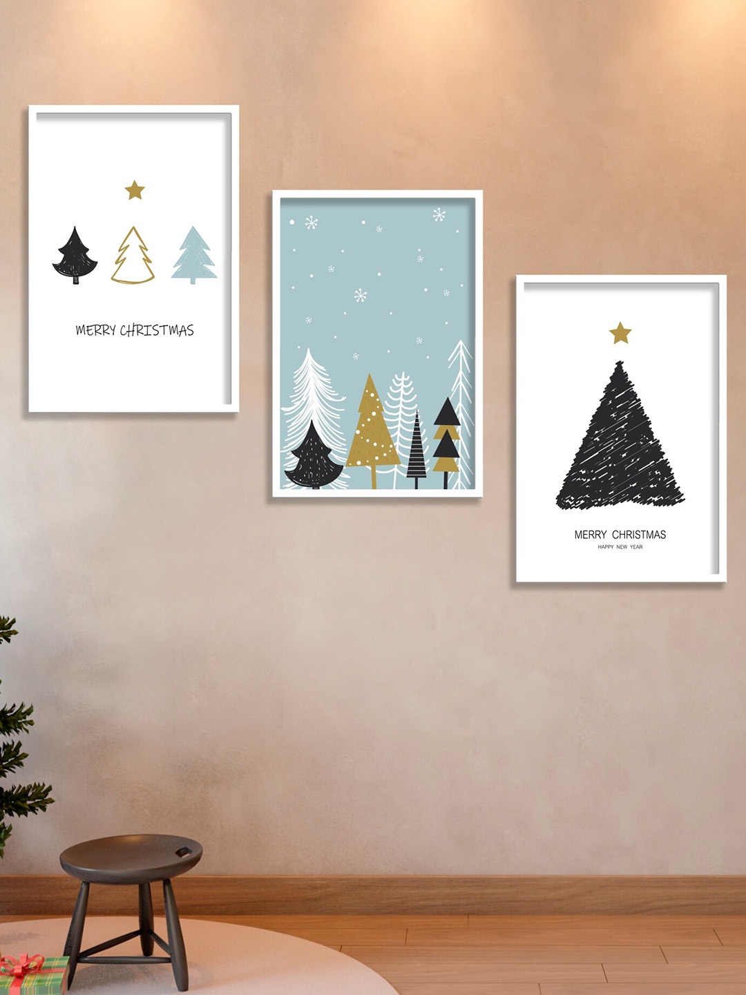 

SAF White & Blue 3 Pieces Merry Christmas Wooden Painting Wal Art