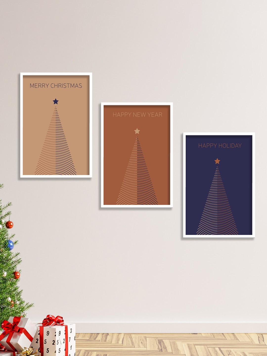 

SAF 3 Pieces Blue Christmas & New Year White Rectangular MDF Frame Wall Arts