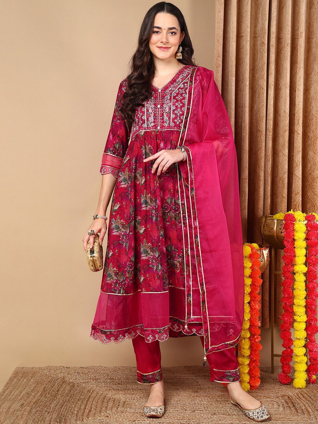 

AHIKA Floral Printed Thread Work Pure Cotton Anarkali Kurta With Trousers & Dupatta, Magenta