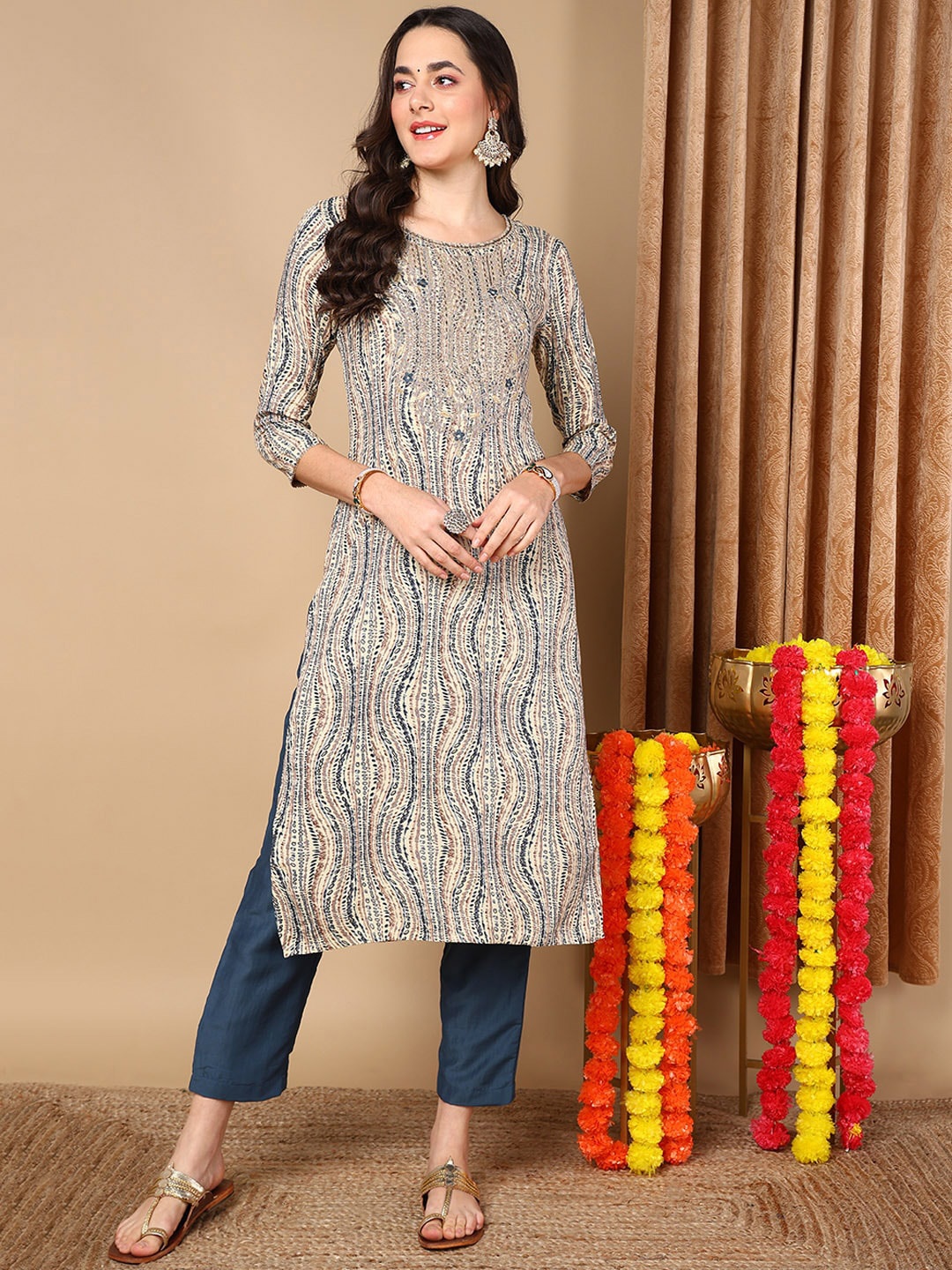 

AHIKA Ethnic Motifs Printed Round Neck Straight Kurta, Beige