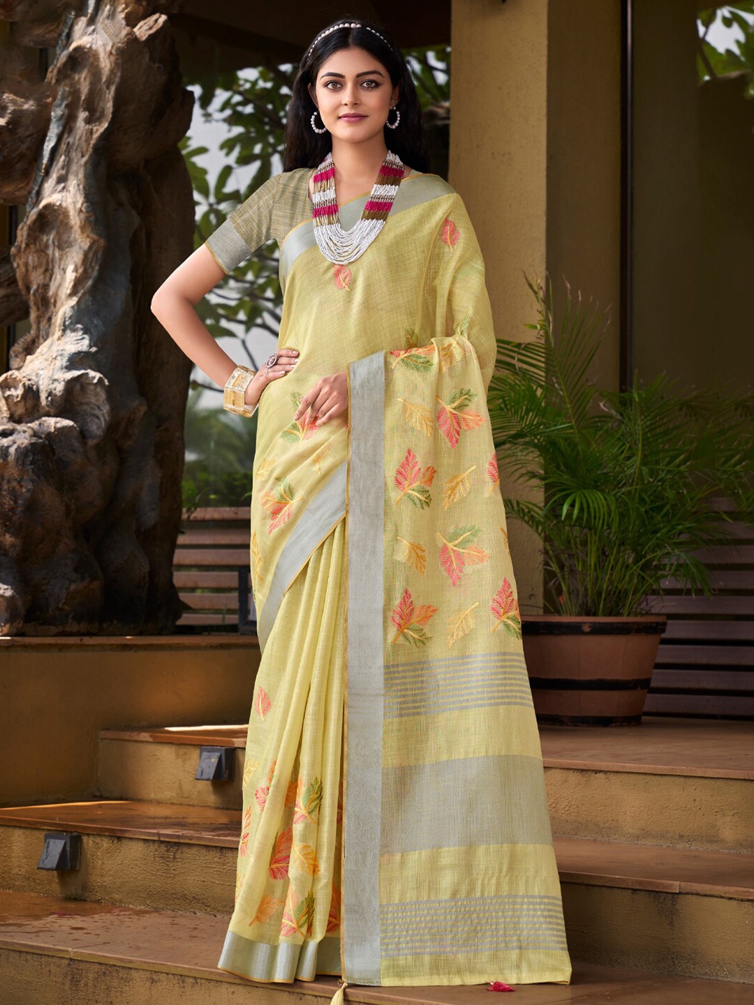 

Mitera Yellow Floral Embroidered Zari Detailed Saree