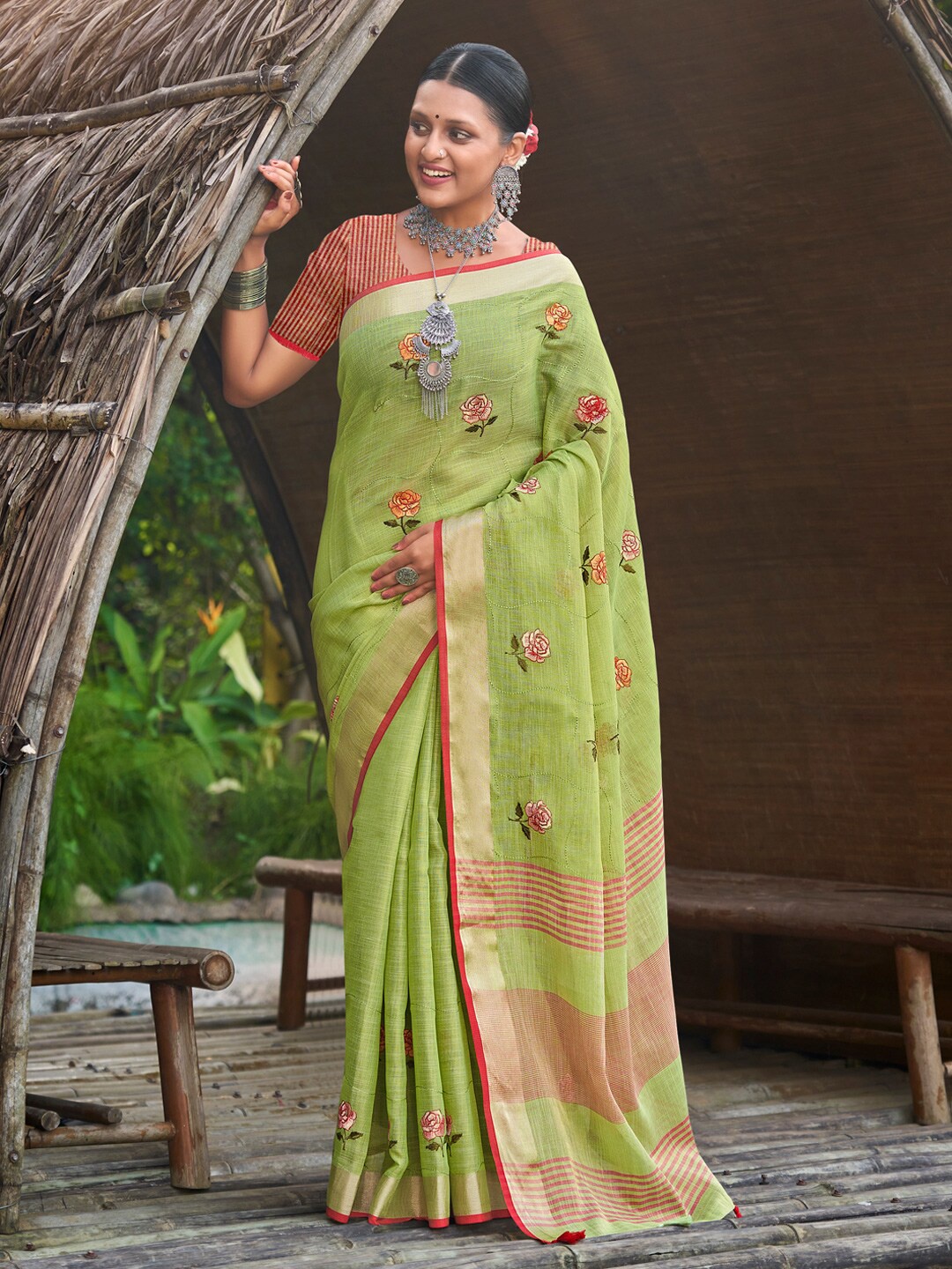 

Mitera Lime Green Floral Embroidered Zari Detailed Saree