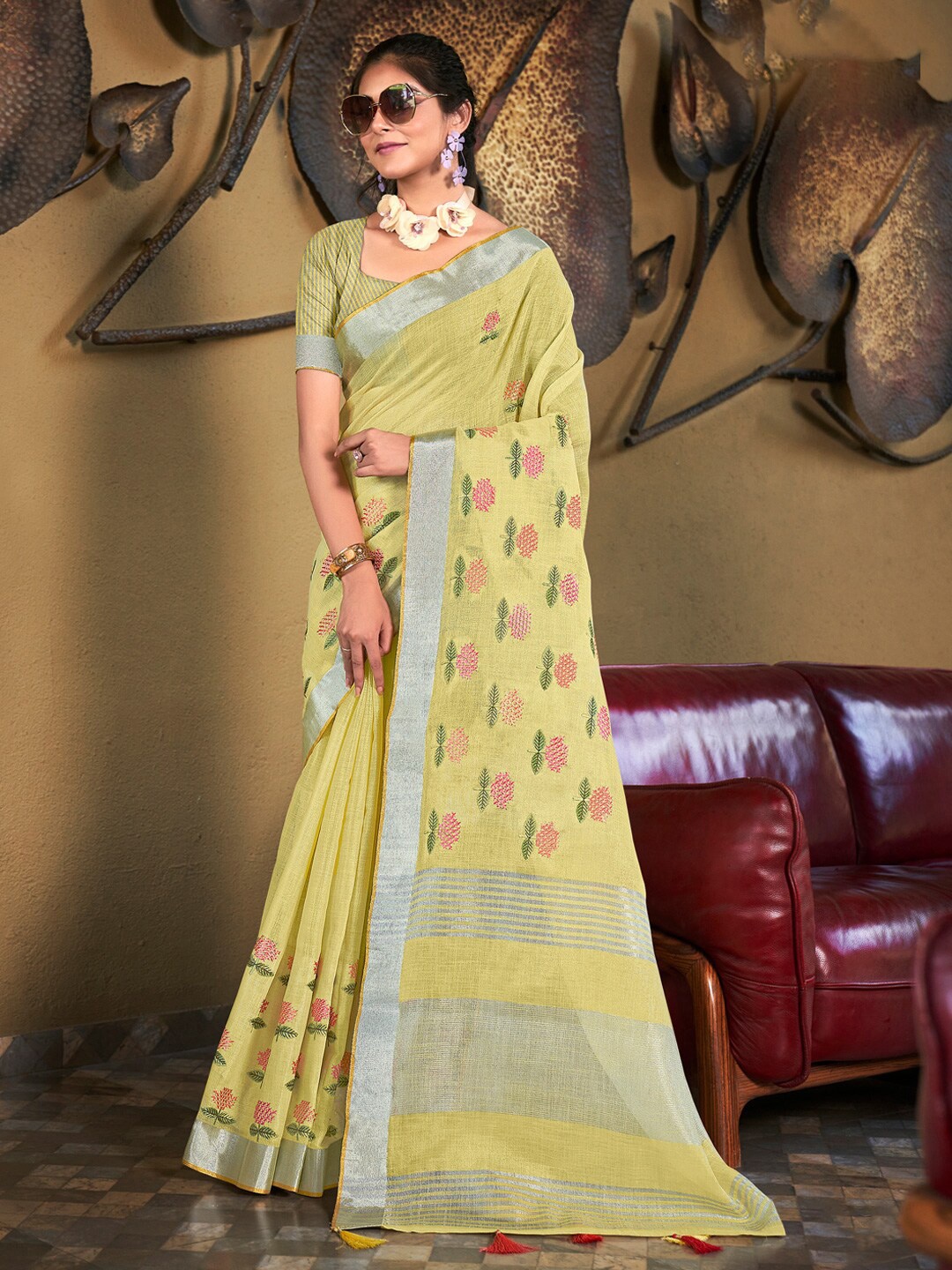 

Mitera Yellow Floral Embroidered Zari Saree