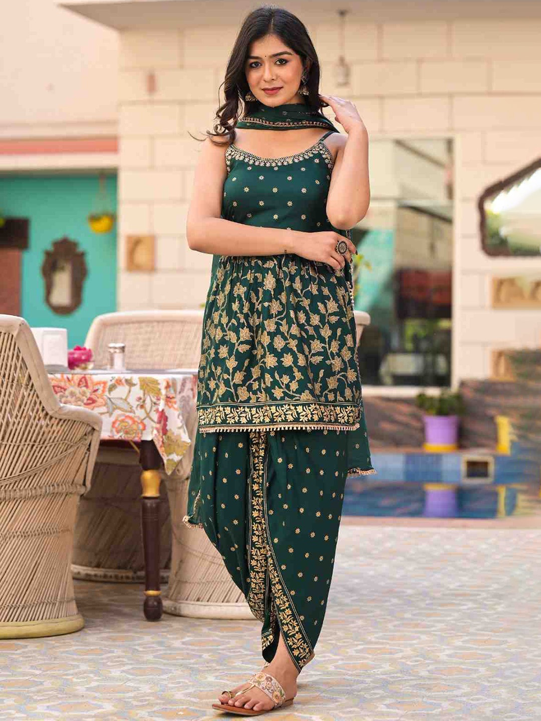 

Ramas Floral Printed Zari Kurti With Dhoti Pants & Dupatta, Green