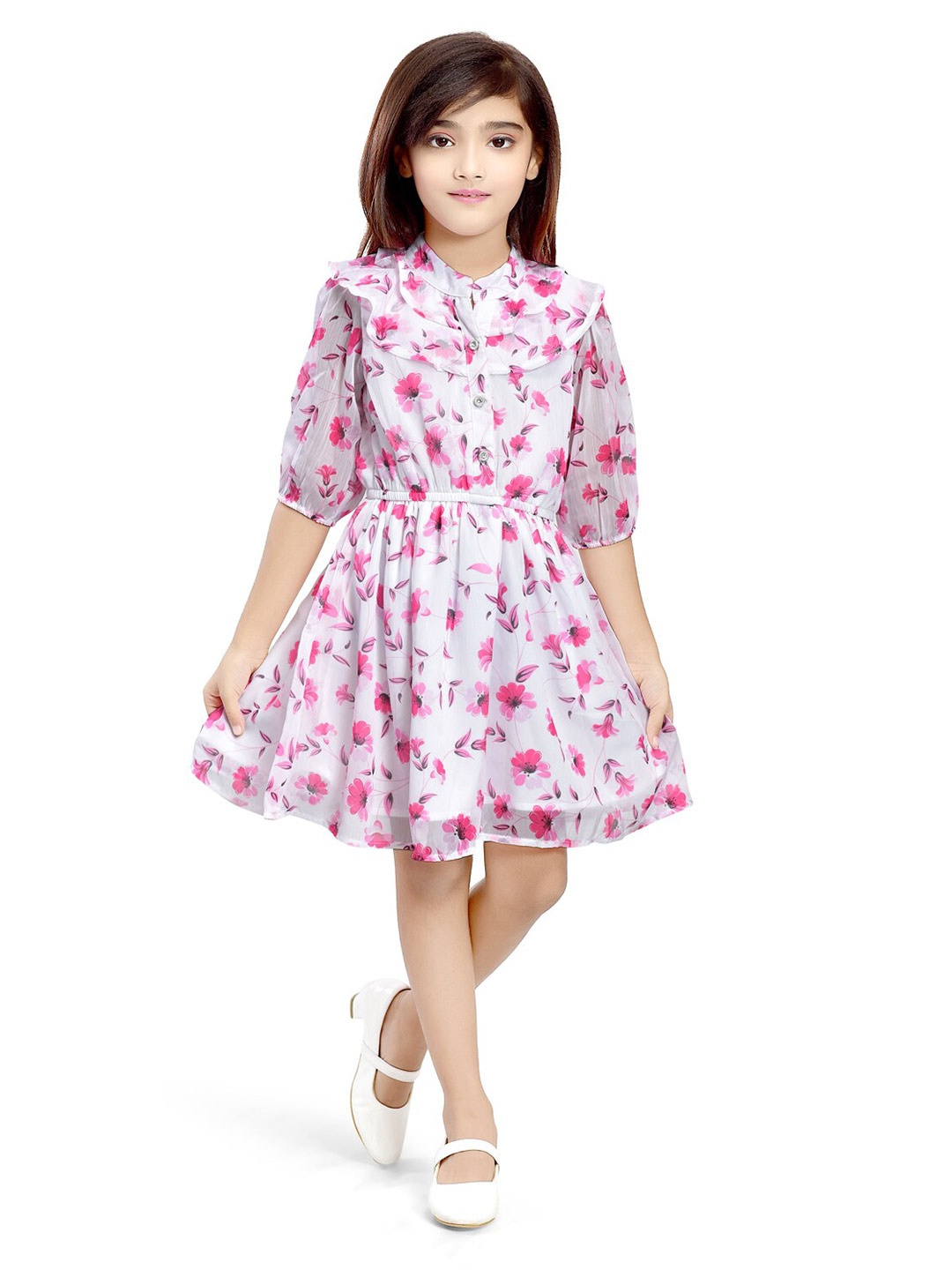 

Doodle Floral Printed Puff Sleeve Ruffled Fit & Flare Knee Length Dress, White