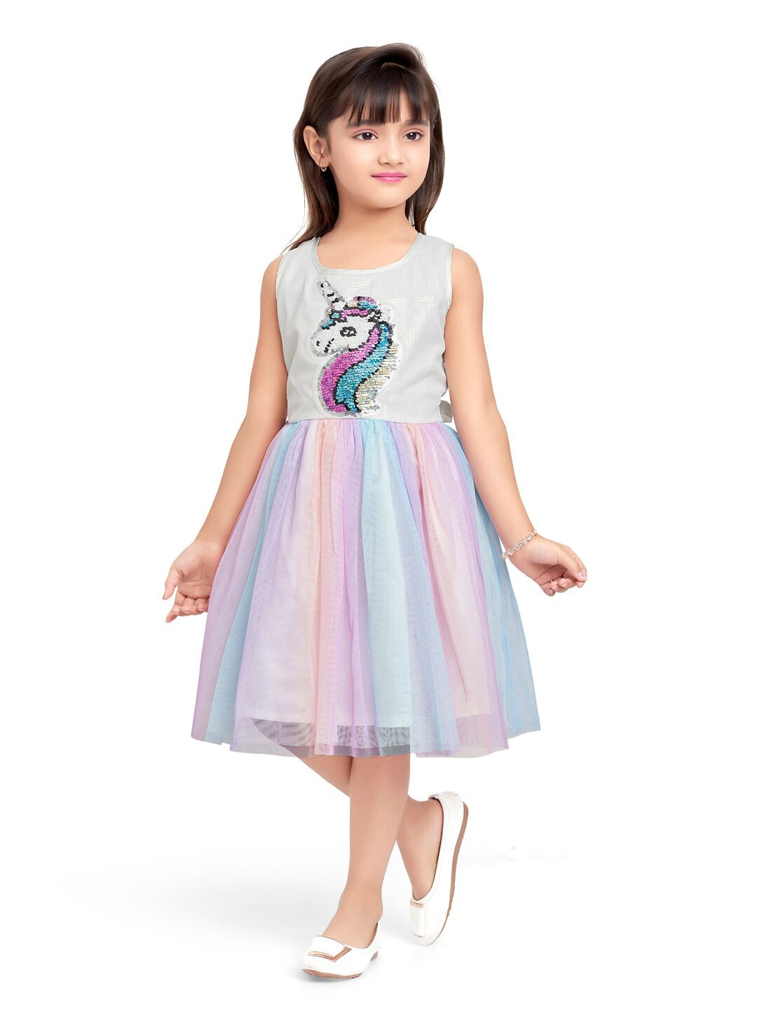 

Doodle Unicorn Embroidered Net Fit & Flare Dress, White