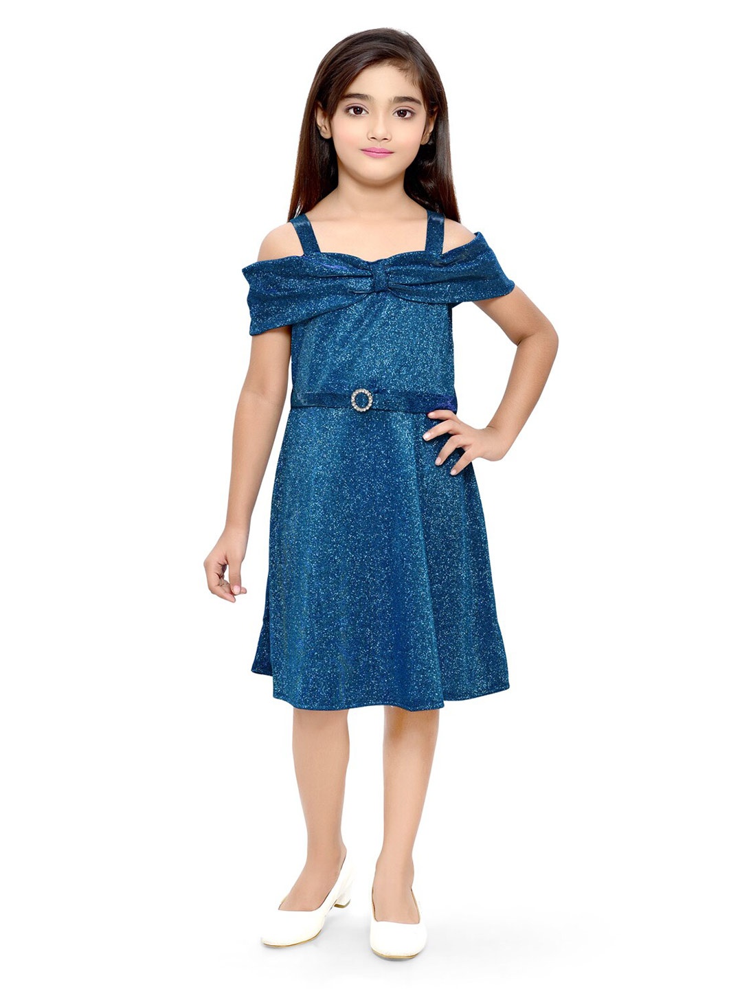 

Doodle Girls Shimmer Cold Shoulder Sleeves Net Fit & Flare Dress, Blue