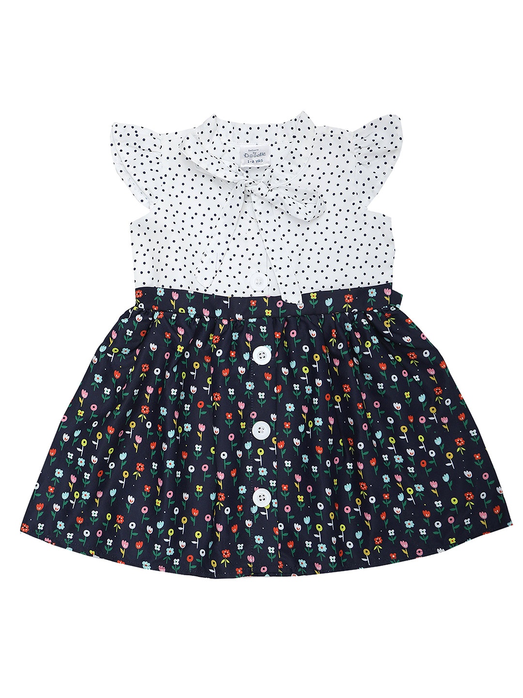 

Doodle Girls Conversational Printed Tie-Up Neck Satin Shirt Dress, Navy blue