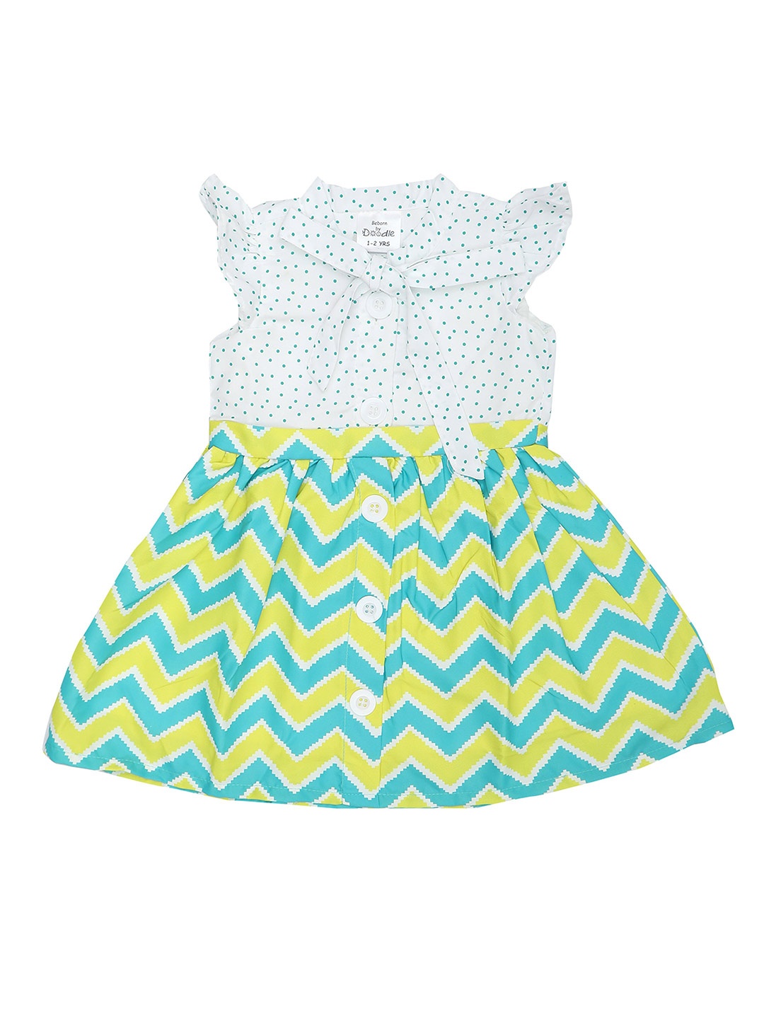 

Doodle Girls Chevron Printed Tie-Up Neck Cap Sleeves Satin Fit & Flare Dress, Green