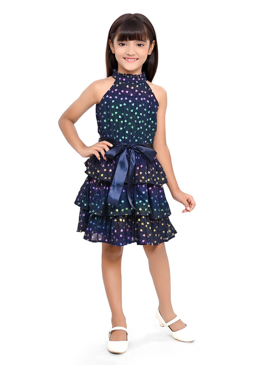 

Doodle Girls Conversational Printed Halter Neck Layered Net Fit & Flare Dress, Navy blue