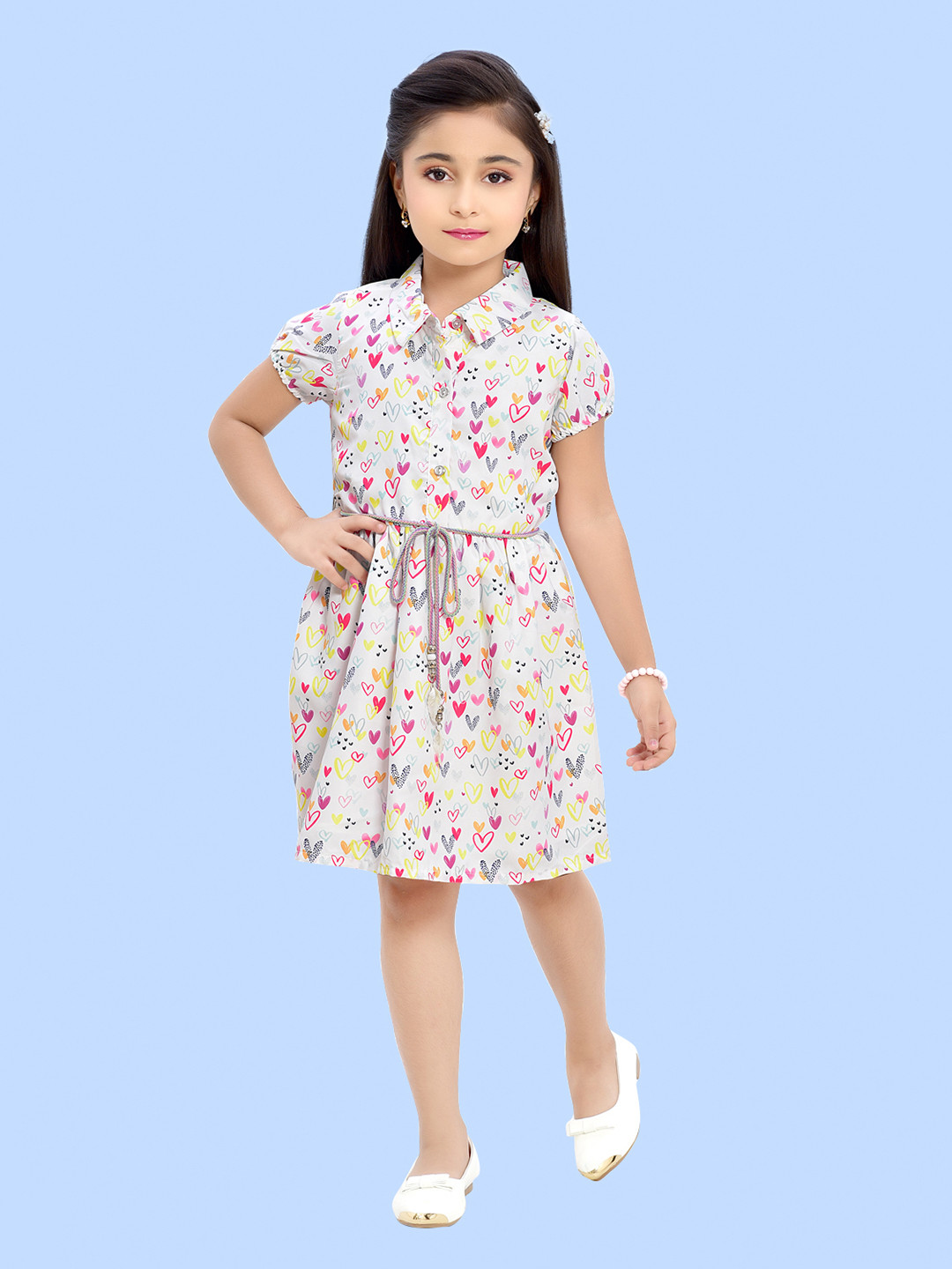 

Doodle Girls Conversational Printed Satin Shirt Dress With Belt, White