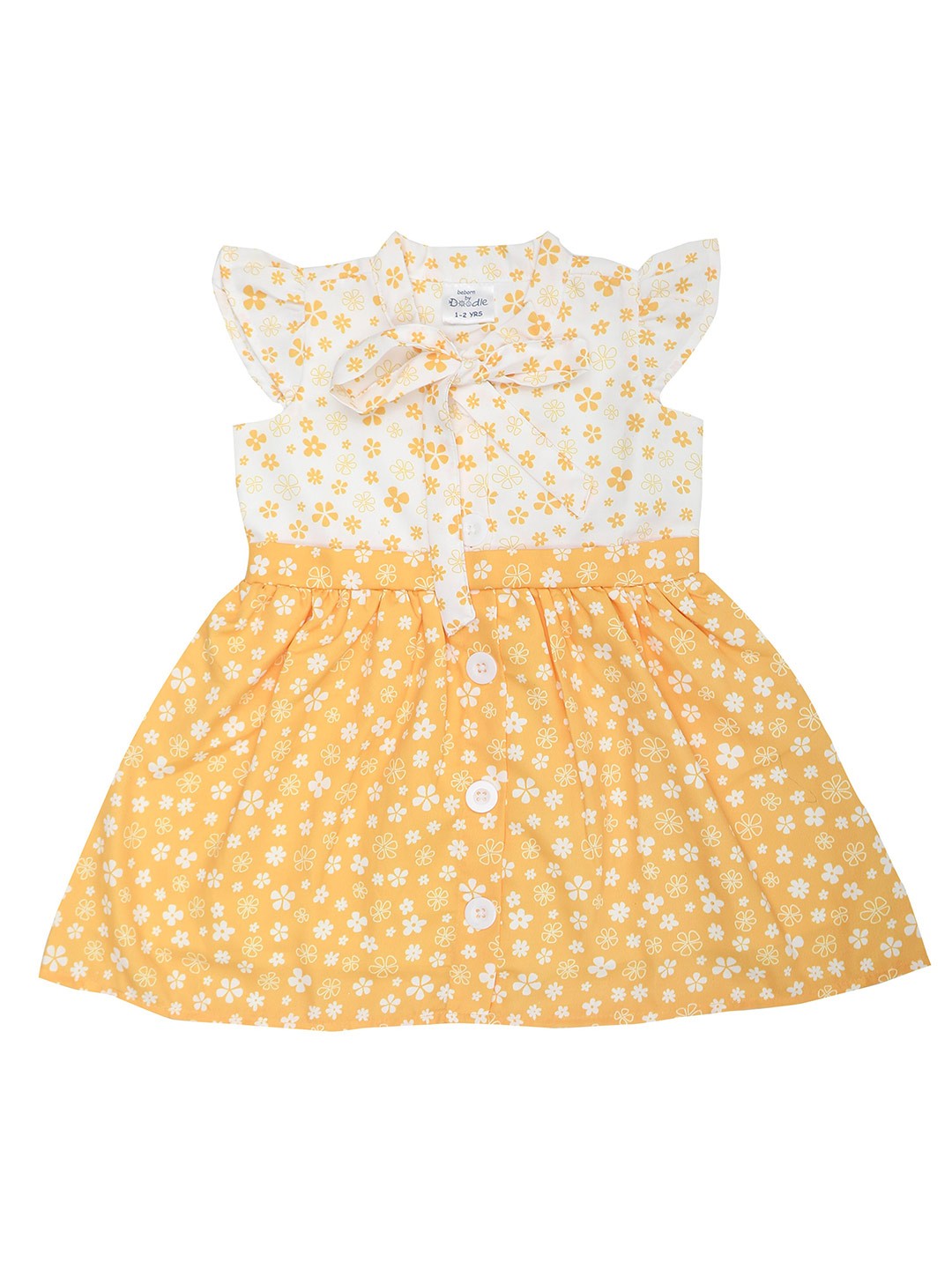 

Doodle Girls Floral Printed Tie-Up Neck Satin Shirt Dress, Yellow