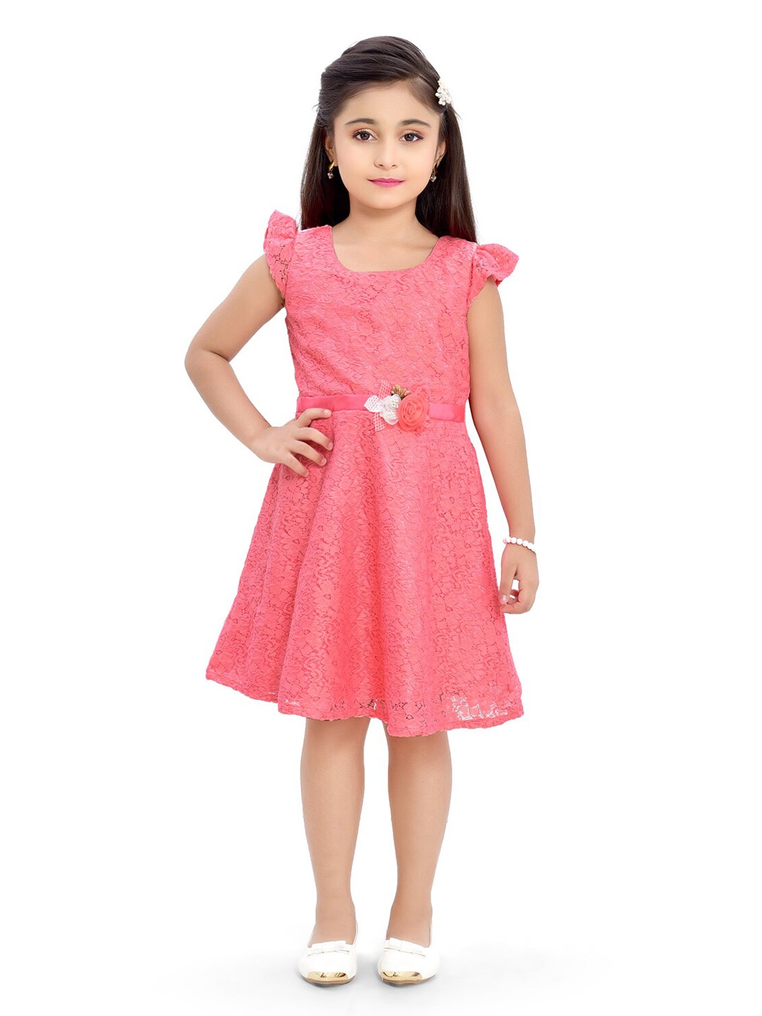 

Doodle Self Design Cap Sleeves Fit & Flare Dress, Coral