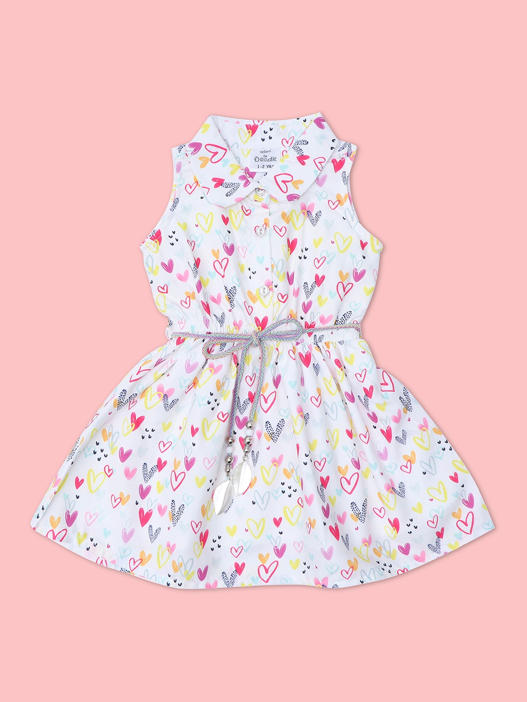 

Doodle Girls Conversational Printed Satin Shirt Dress With Belt, White