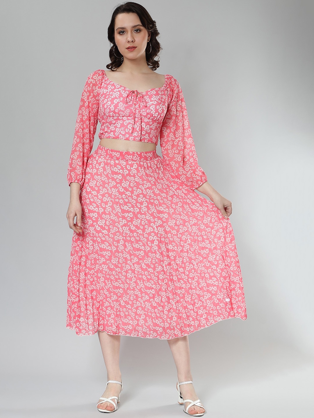 

NUEVOSDAMAS Floral Printed Puff Sleeves Crop Top With Skirt, Pink