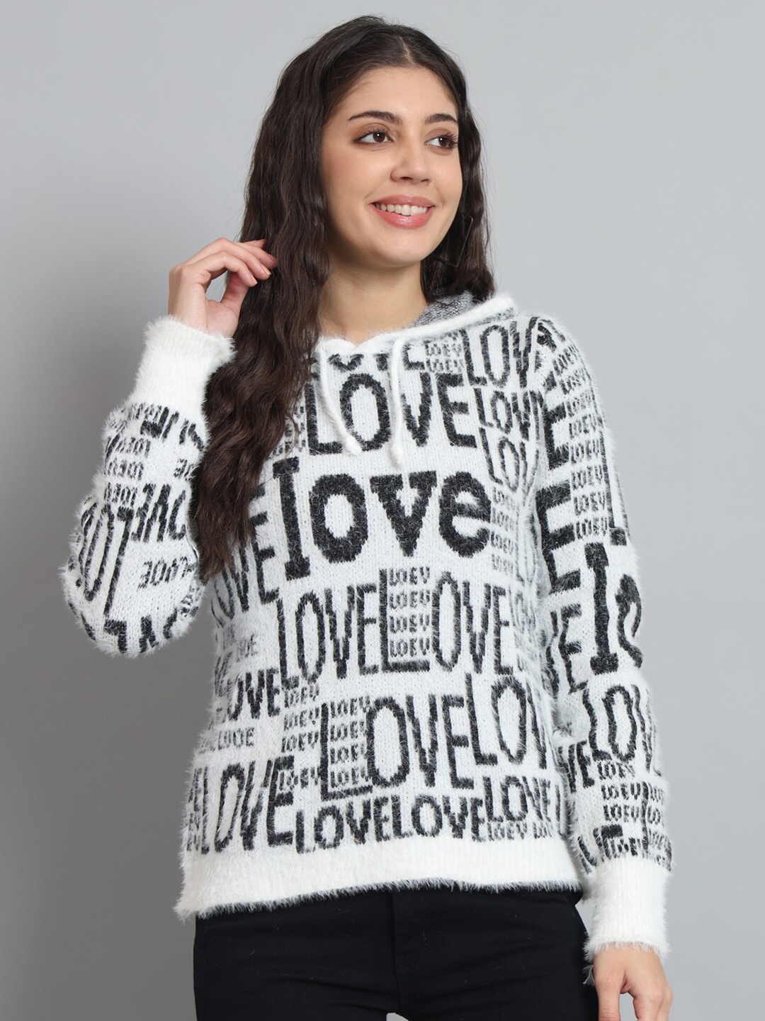 

BROOWL Printed Hooded Woollen Sweater, White