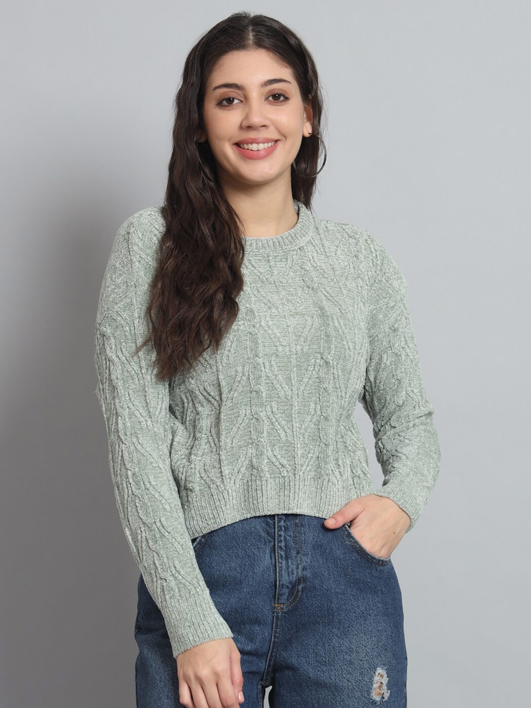 

BROOWL Women Green Cable Knit Woollen Pullover Sweater