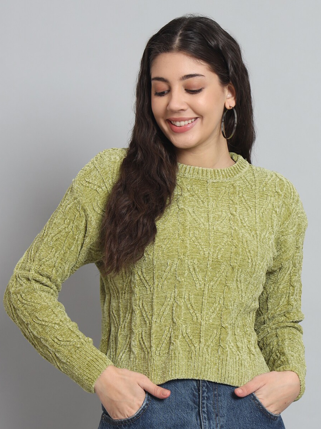 

BROOWL Self Design Cable Knit Wool Pullover, Green