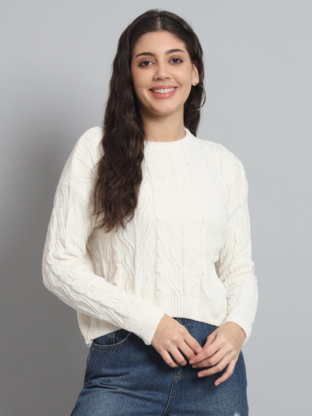 

BROOWL Self Design Cable Knit Wool Pullover, White