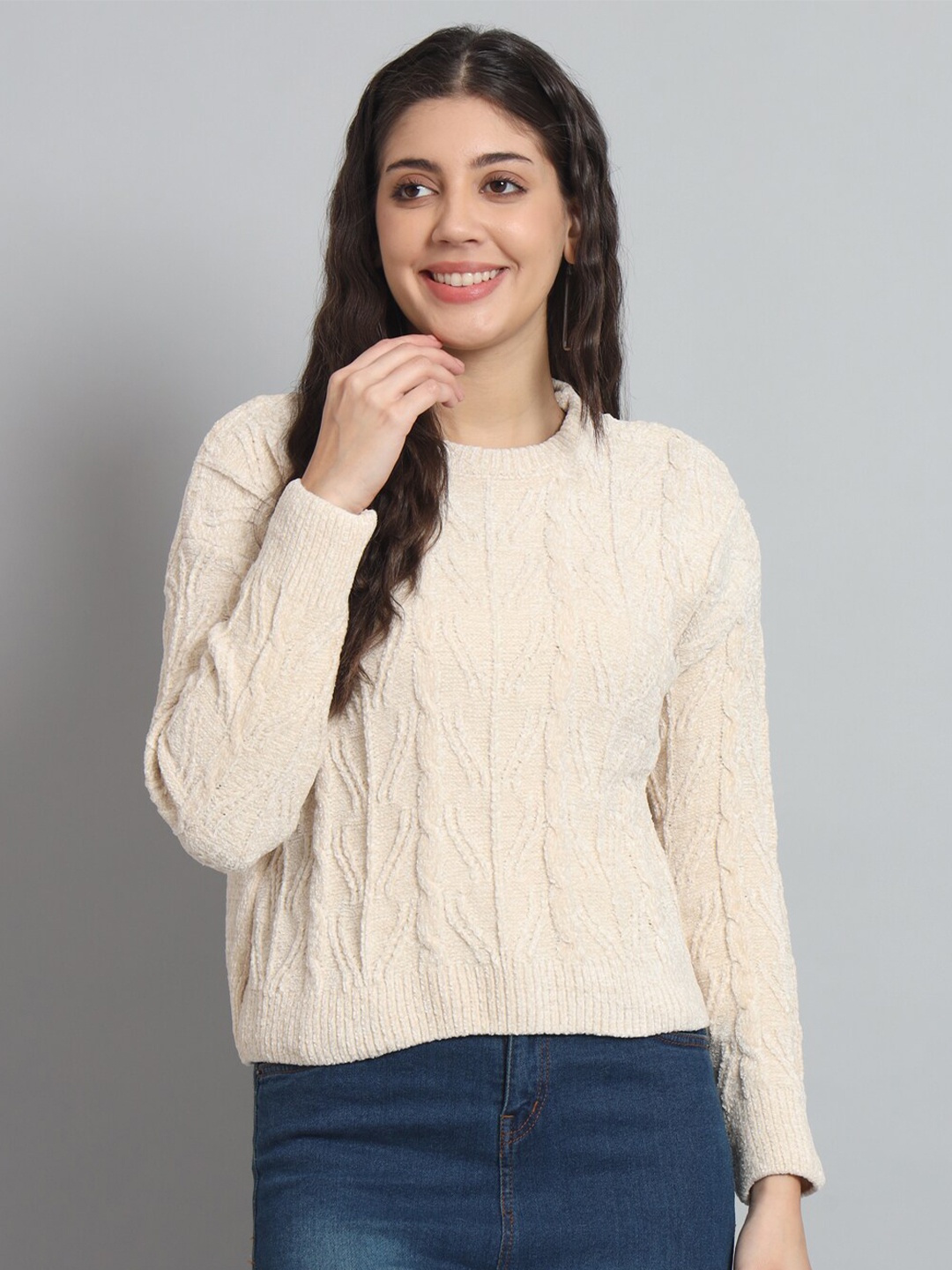 

BROOWL Self Design Cable Knit Wool Pullover, Beige