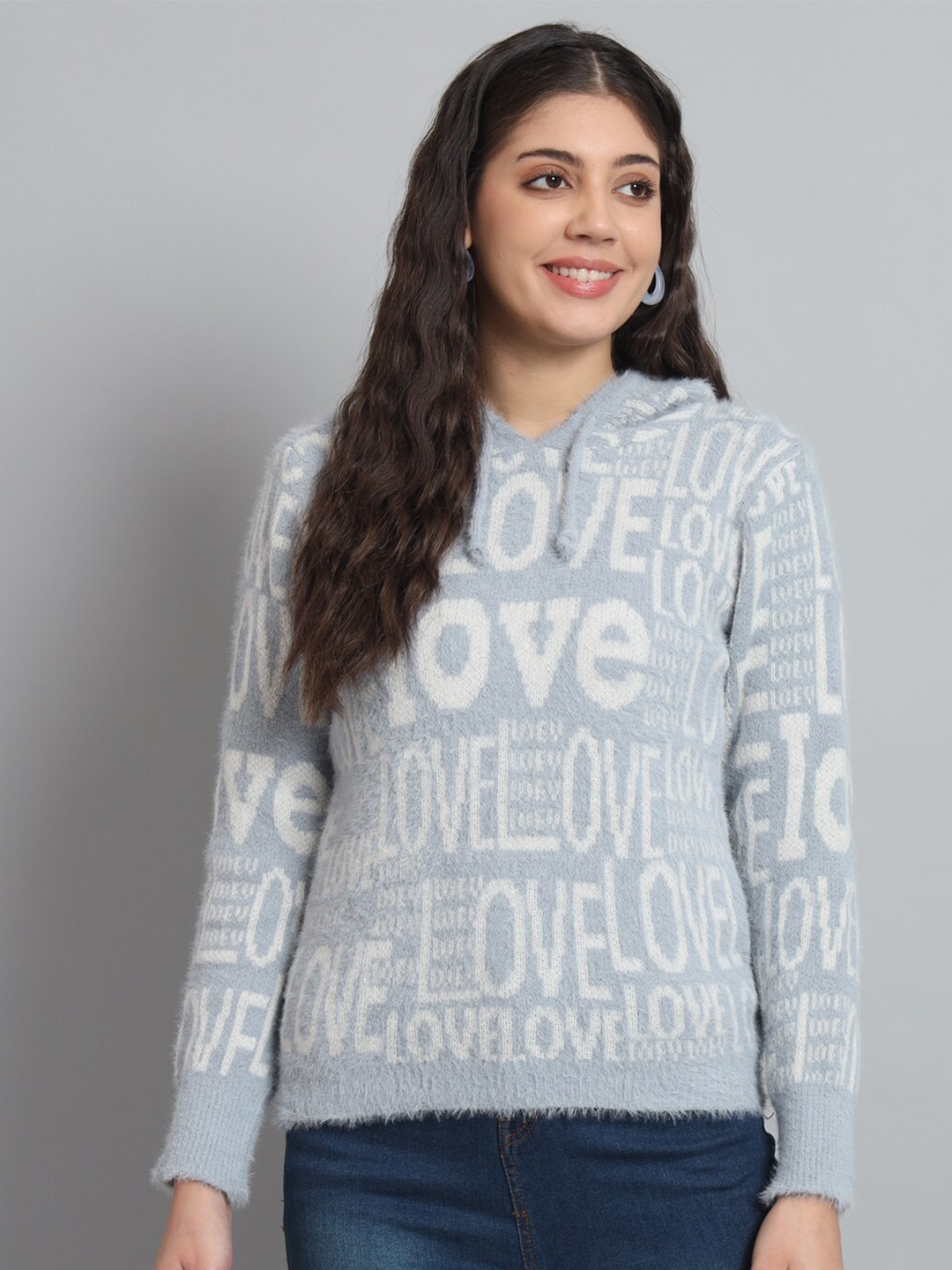 

BROOWL Typography Printed Hooded Woollen Pullover Sweater, Blue