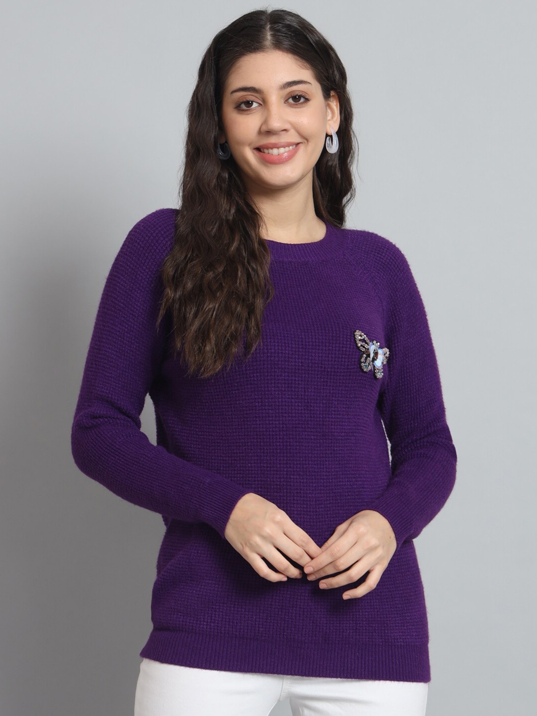 

BROOWL Cable Knit Self Design Embellished Woollen Pullover Sweater, Purple