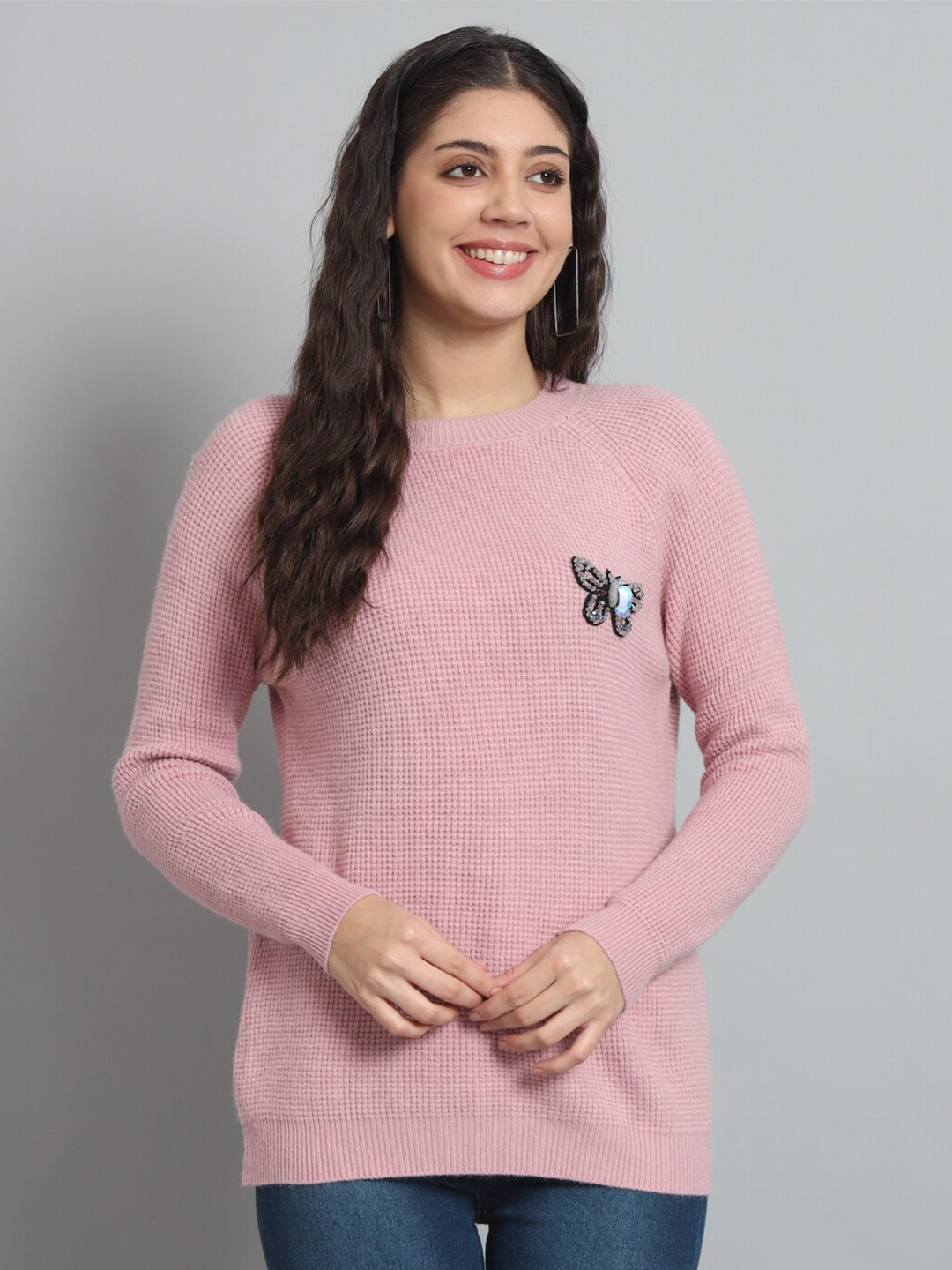 

BROOWL Cable Knit Self Design Embellished Woollen Pullover Sweater, Pink