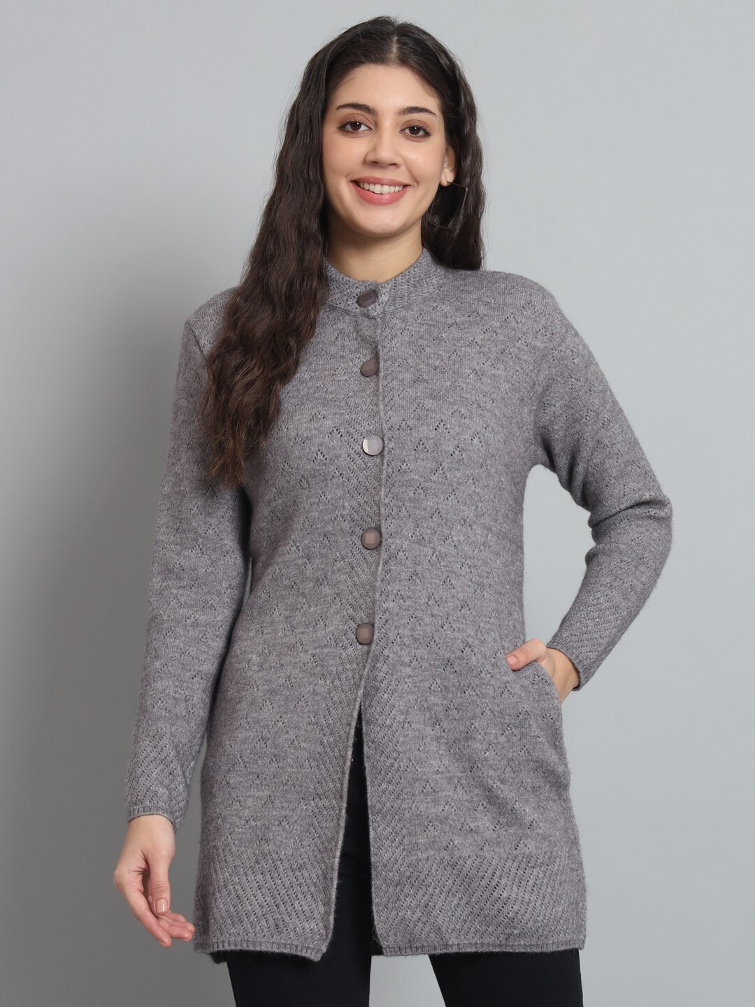 

BROOWL Abstract Self Design Woollen Cardigan Sweater, Grey