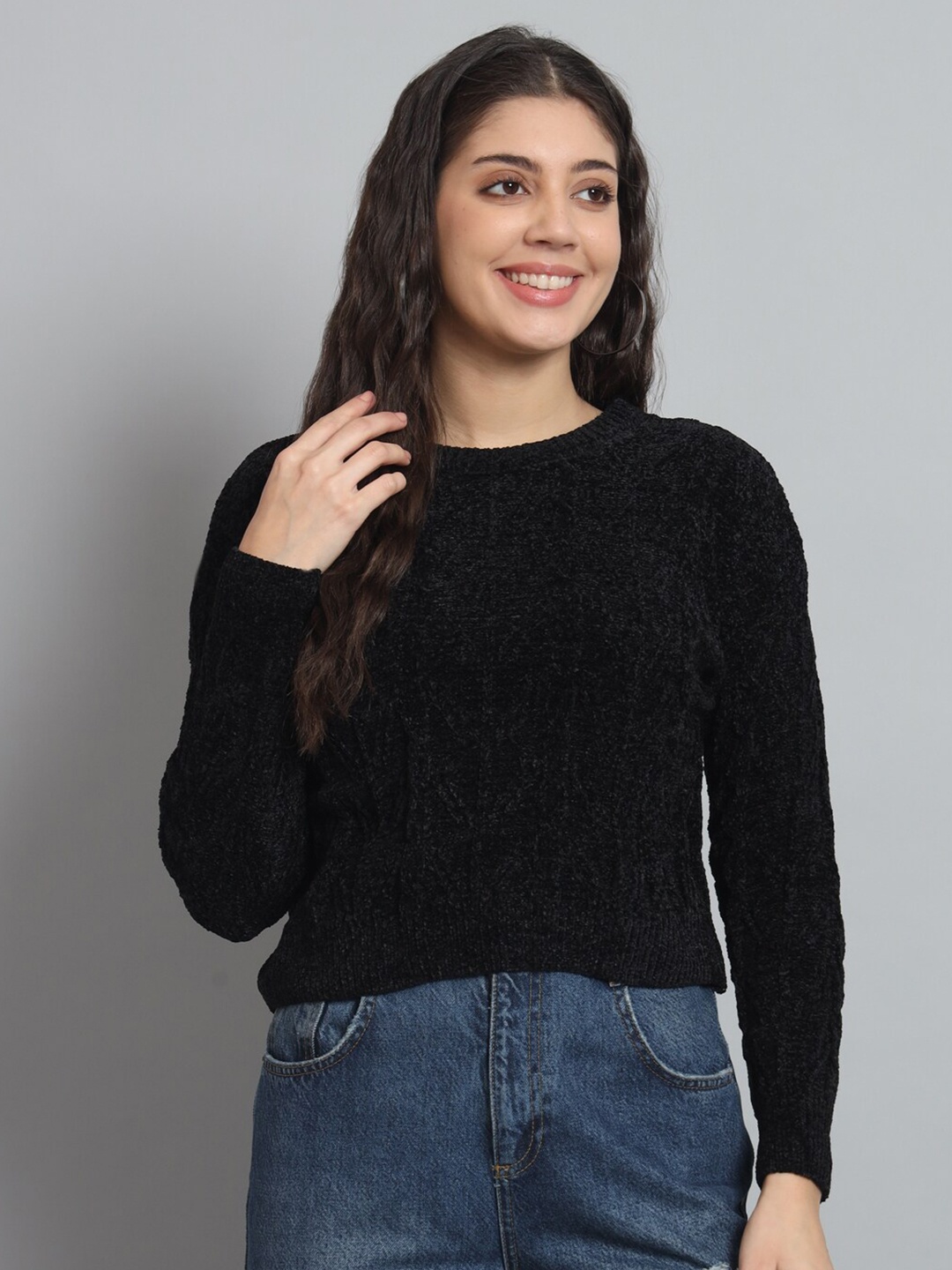 

BROOWL Cable Knit Self Design Woollen Pullover Sweater, Black