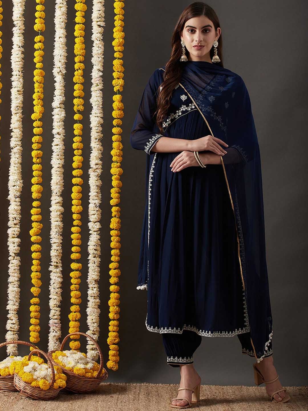 

RAJGRANTH Yoke Design Empire Thread Work Georgette Aliya Cut Kurta With Trousers & Dupatta, Navy blue