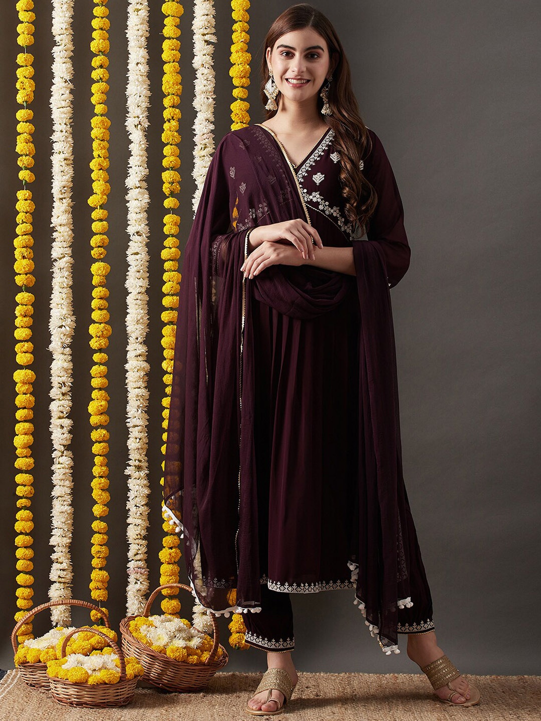 

RAJGRANTH Yoke Design Empire Thread Work Georgette Aliya Cut Kurta With Trousers & Dupatta, Burgundy