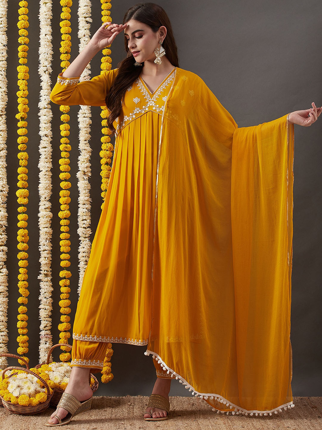 

RAJGRANTH Floral Embroidered Gotta Patti Empire Kurta With Salwar & Dupatta, Mustard