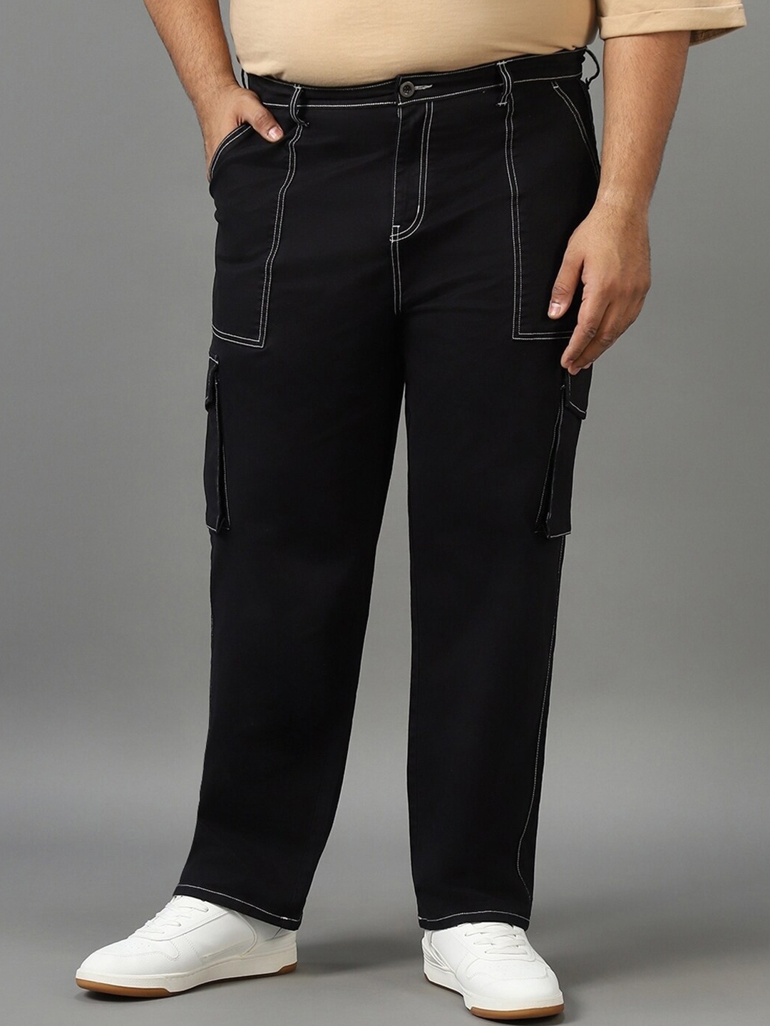 Bewakoof Men Plus Size Baggy Oversized Cargo Pants, Black