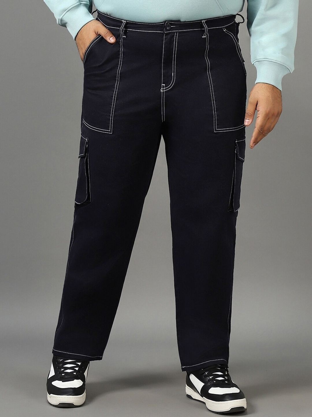

Bewakoof Plus Men Loose Fit Mid Rise Oversized Cotton Cargos Trousers, Blue