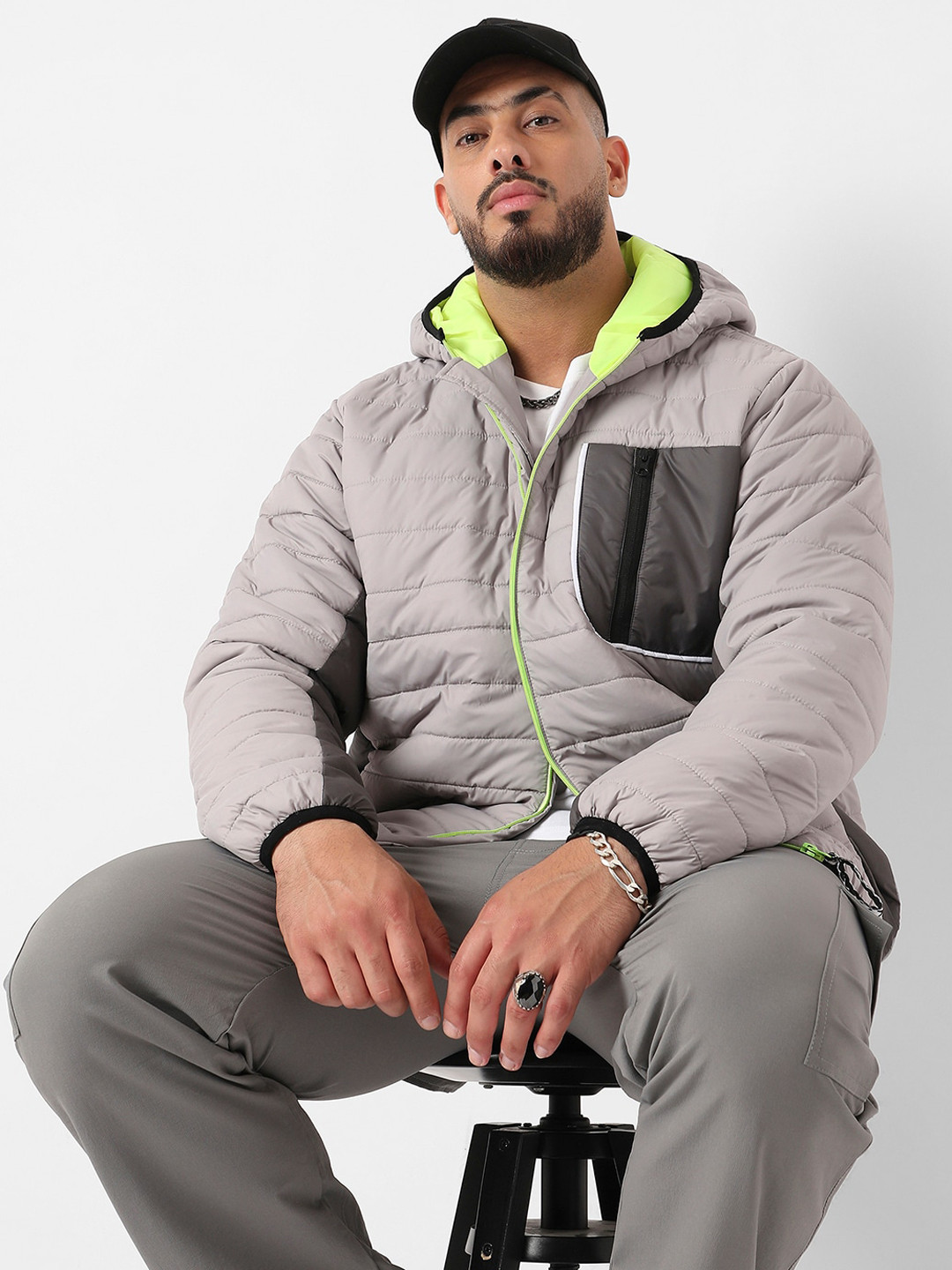 

Instafab Plus Colourblocked Windcheater Puffer Jacket With Contrast Zipper, Grey