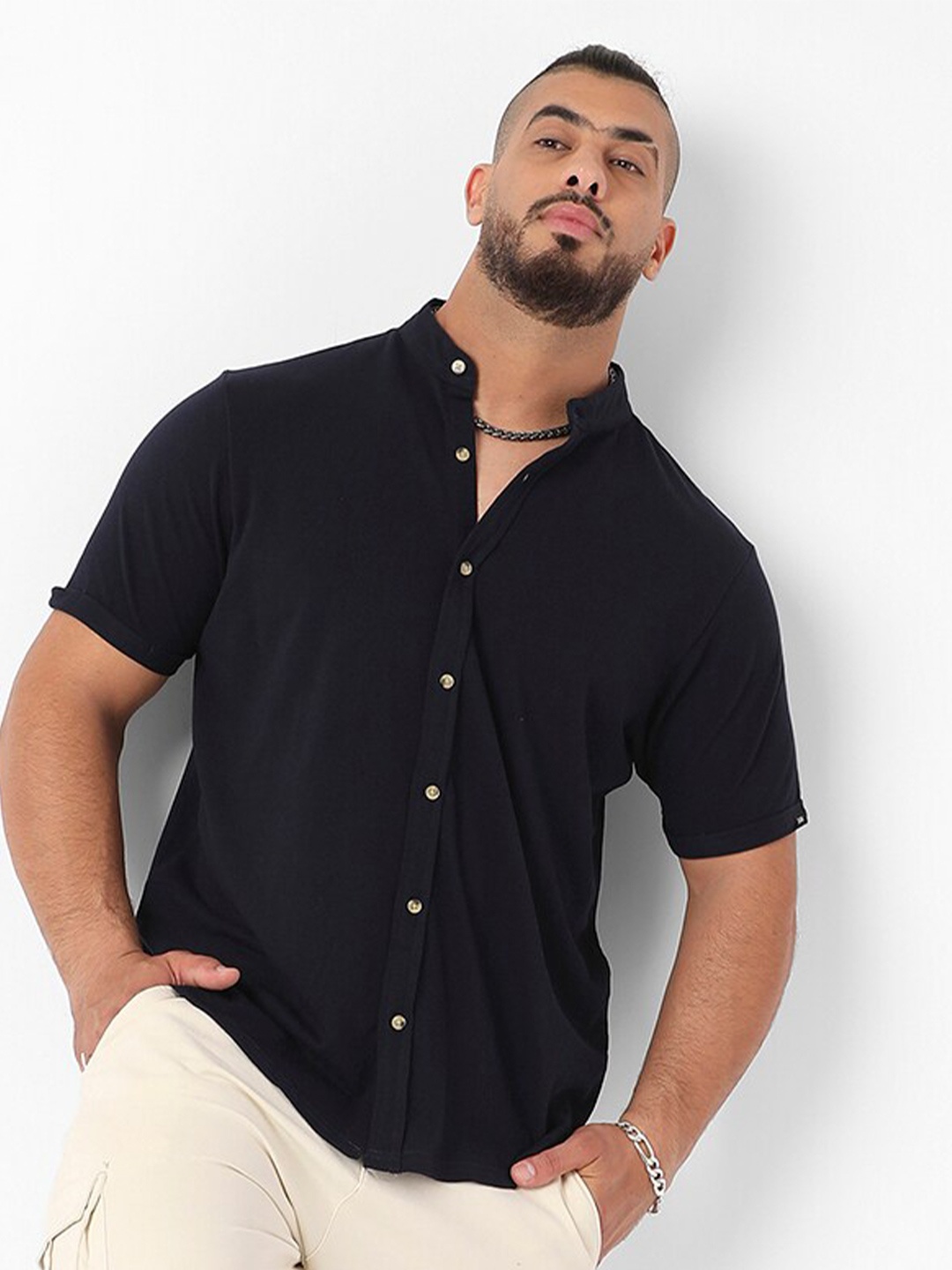 

Instafab Plus Classic Mandarin Collar Cotton Casual Shirt, Black