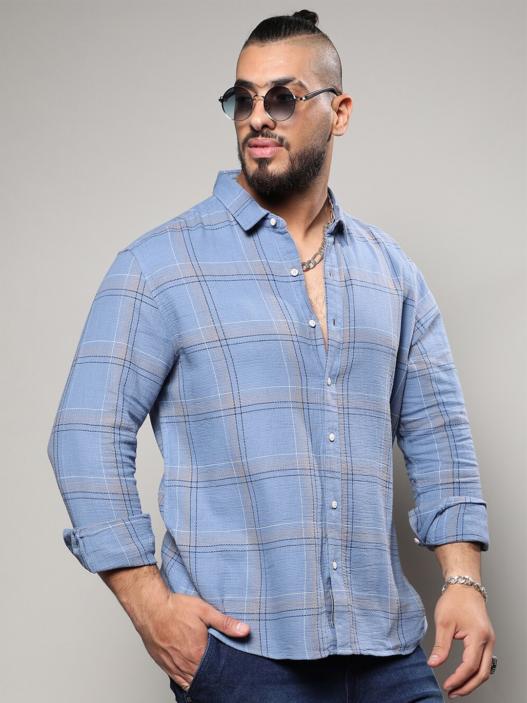 

Instafab Plus Classic Tartan Checked Cotton Casual Shirt, Blue