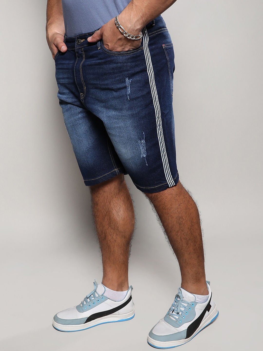 

Instafab Plus Men Mid-Rise Distressed Cotton Denim Shorts, Blue