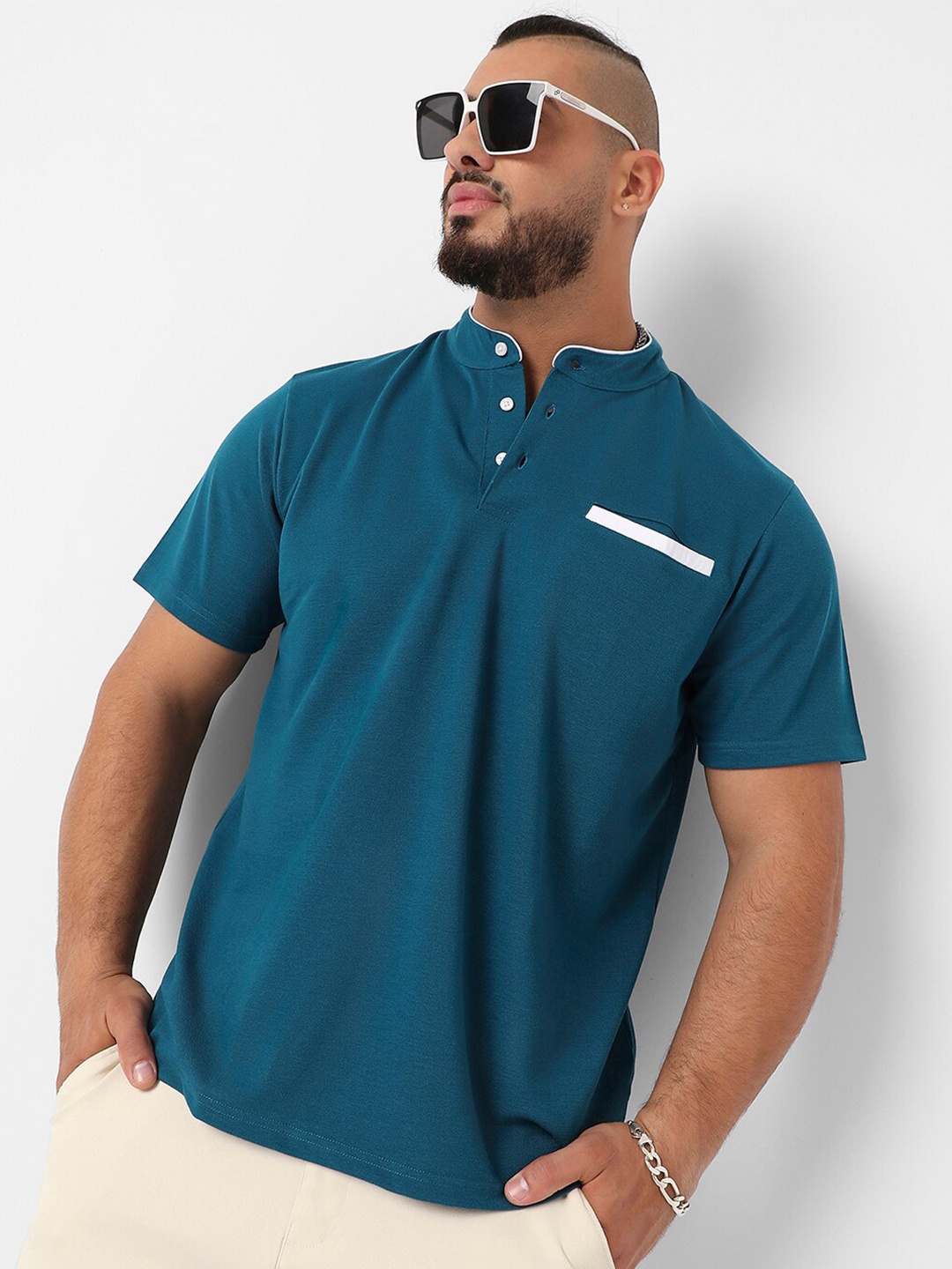 

Instafab Plus Size Band Collar Cotton Regular Fit T-shirt, Teal