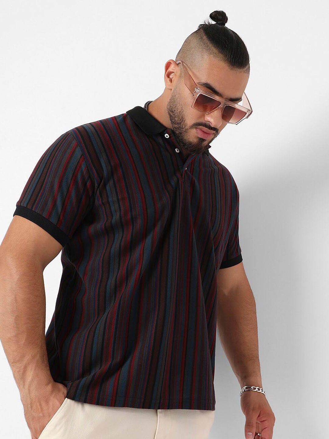 

Instafab Plus Candy Striped Polo Collar Cotton T-shirt, Blue