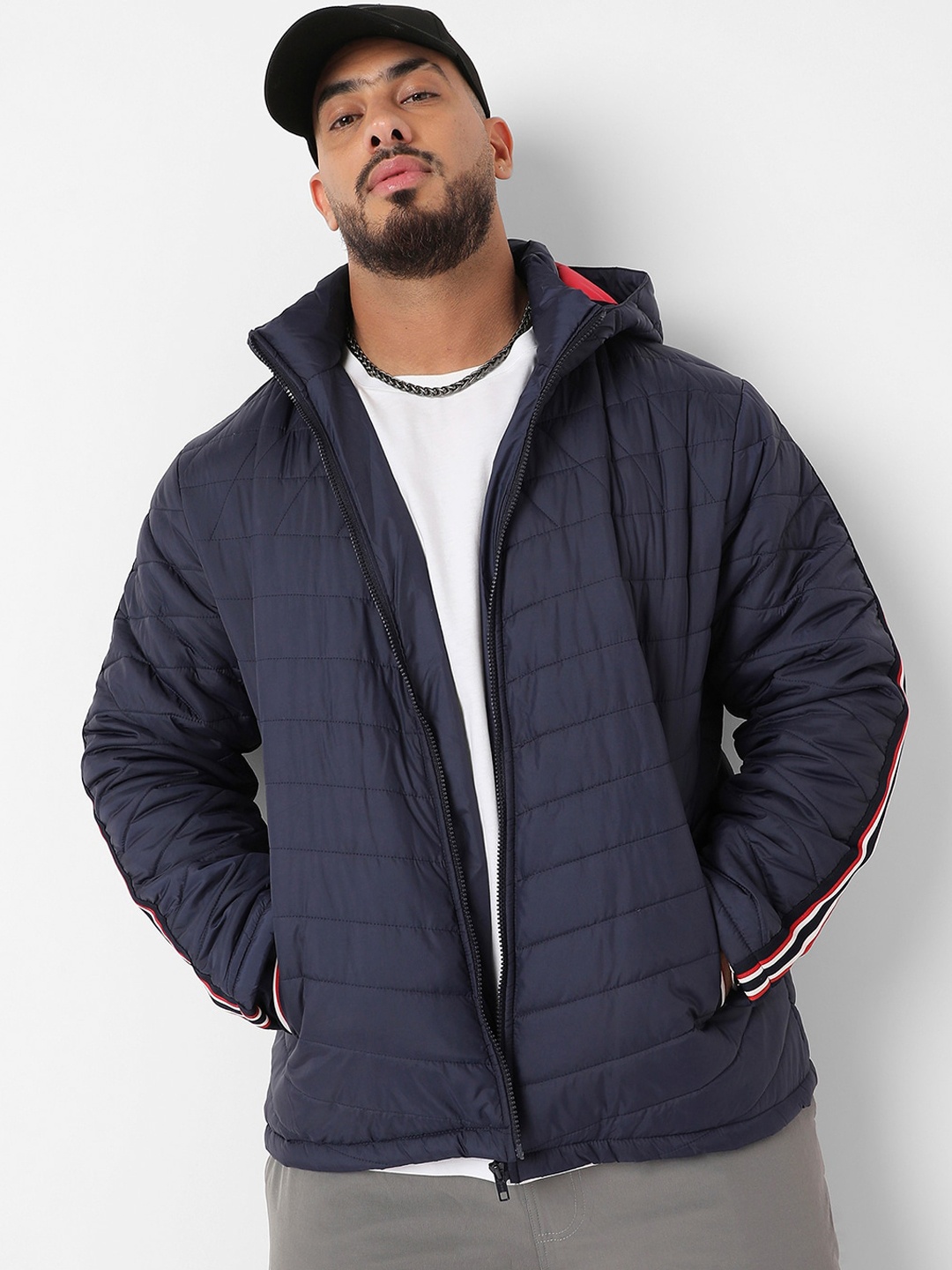 

Instafab Plus Windcheater Contrast Striped Puffer Jacket, Navy blue