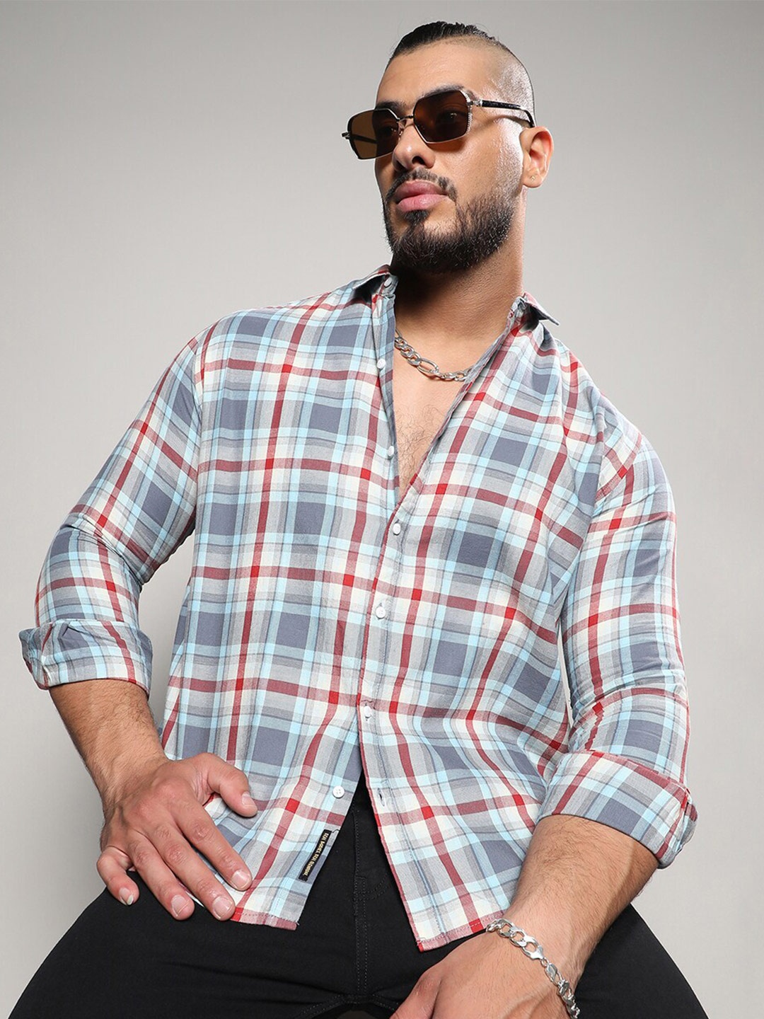 

Instafab Plus Classic Tartan Checked Cotton Casual Shirt, Blue