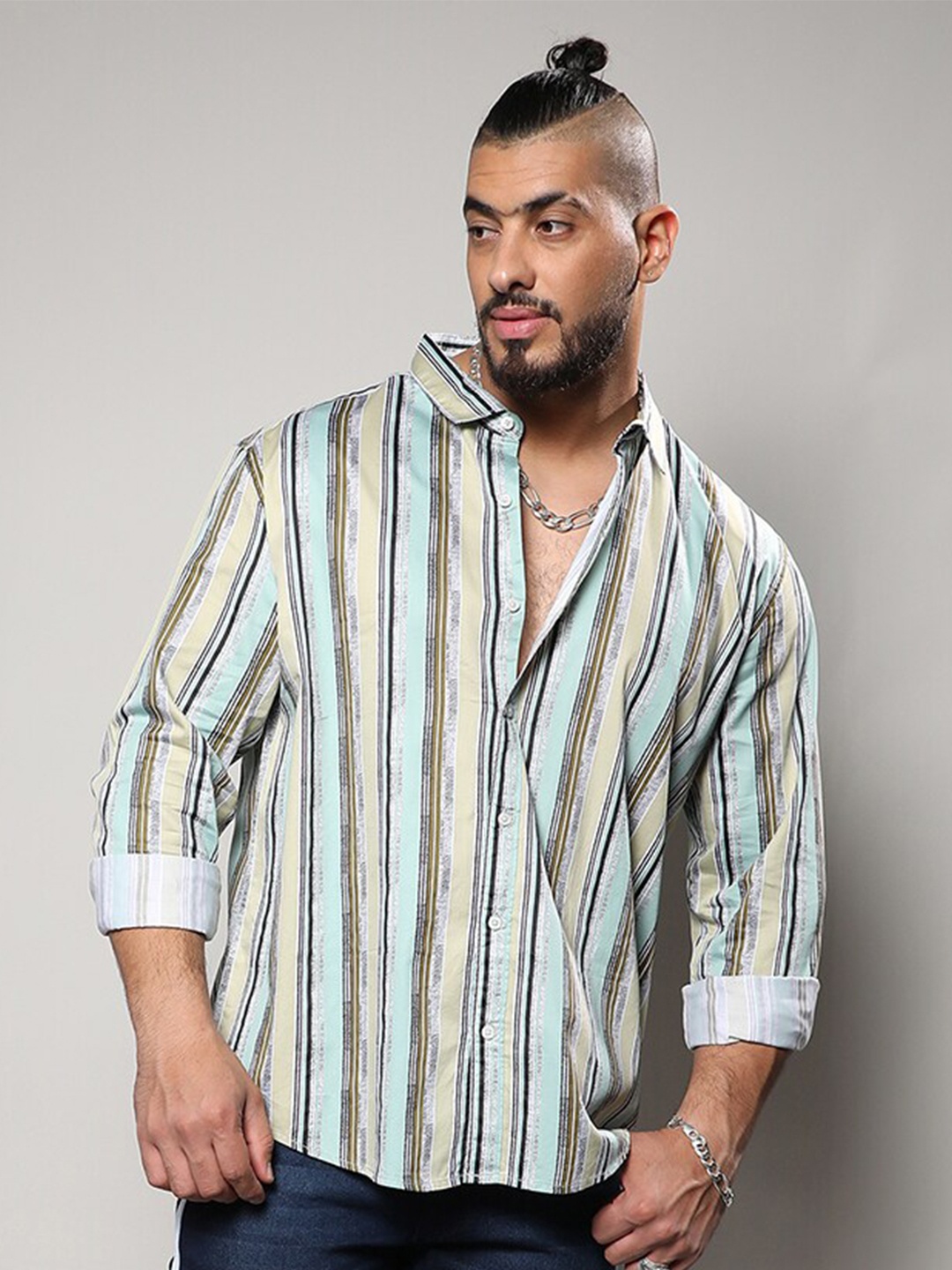 

Instafab Plus Striped Cotton Classic Casual Shirt, Green