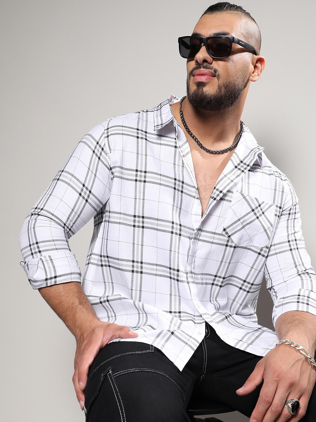 

Instafab Plus Classic Tartan Checked Cotton Casual Shirt, White
